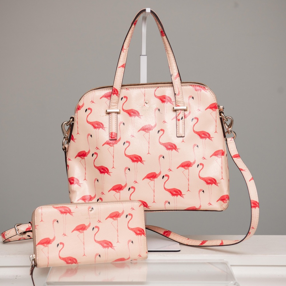 KATE SPADE Pink Flamingo Purse & Wallet All Over Print Whimsical Novelty Bag